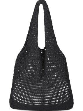Women's Black Crochet Beach Mesh Tote Bag Shoulder Lightweight Shopping Handbag